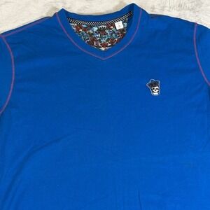 Vintage Robert Graham V-Neck T-Shirt | Royal Blue Skull Logo | Small